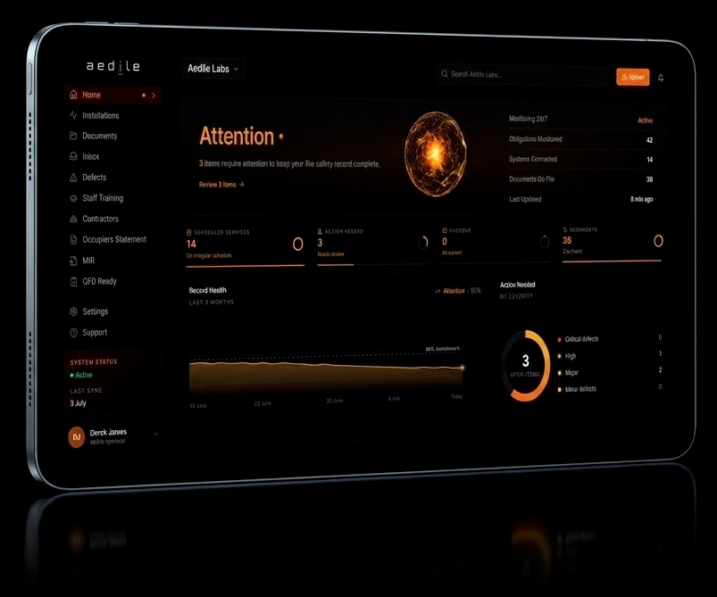 The aedile dashboard on a tablet: the Attention state with KPI tiles, a record health trend and open items ranked by severity