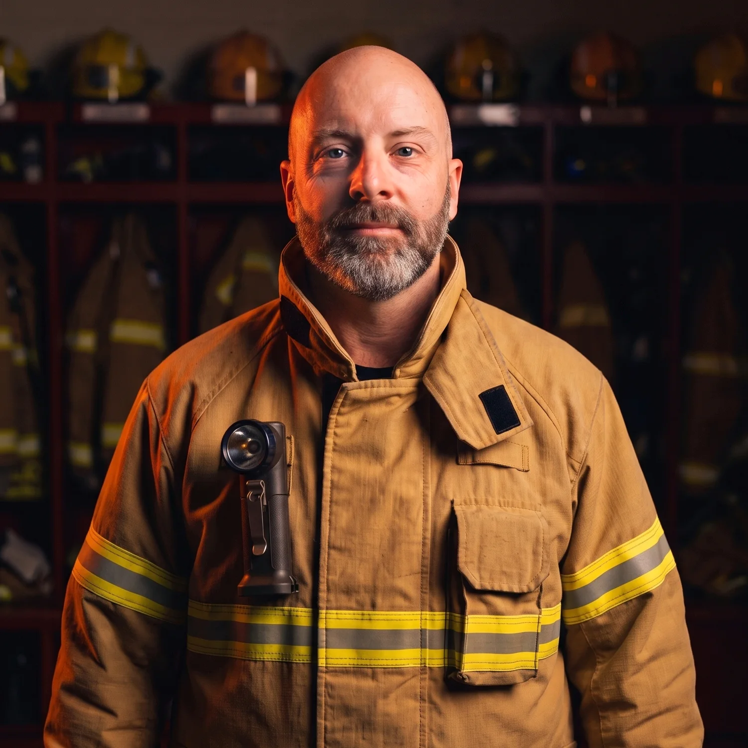 Derek James, founder of aedile, in structural firefighting turnout gear