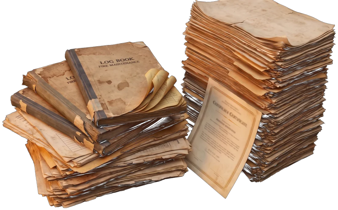 Worn carbon-copy fire maintenance log books stacked among piles of aged service reports, with a service certificate leaning against them