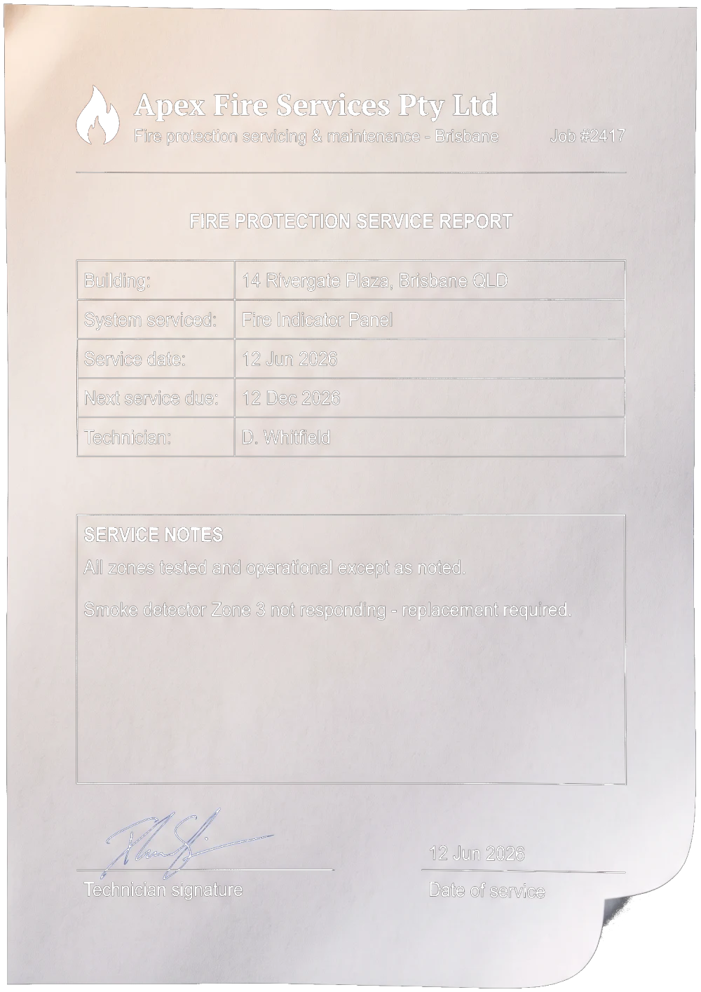 Contractor fire protection service report (example document)